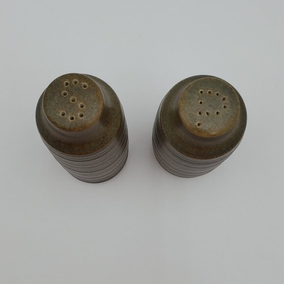 Denby Langley Sherwood Salt & Pepper Shakers Olive Green Brown Ribbed Shakers - Picture 3 of 7